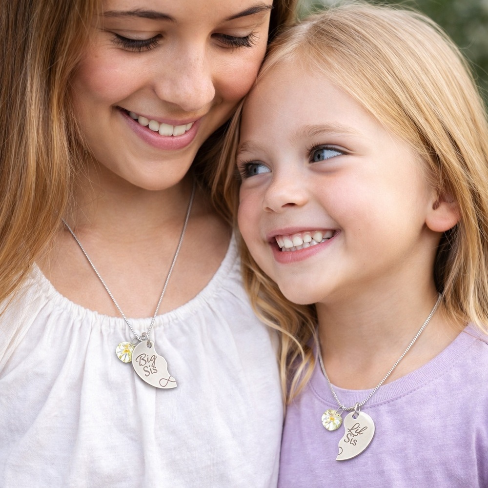 Big Sis & Lil Sis Matching Heart Necklace with Crystal